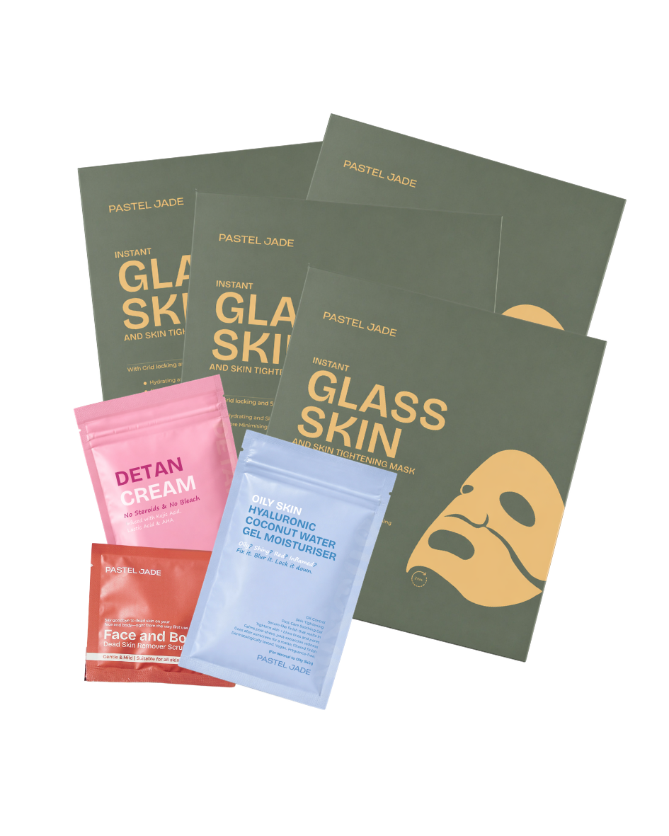Bridal Kit Combo – 4  Glass Skin Mask, 1 Detan Cream, 1 Hyaluronic Gel for oily & 1 Face-Body Scrub