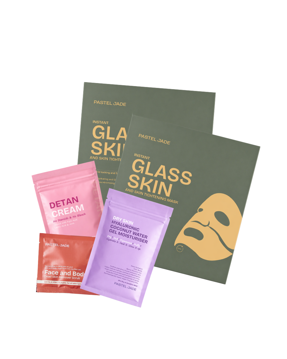 Monthly Facial kit combo– 2 Glass Skin Mask,  1 Detan Refill(50ml), 1 dry skin Gel refill(50ml) & Face-Body Scrub(20ml)