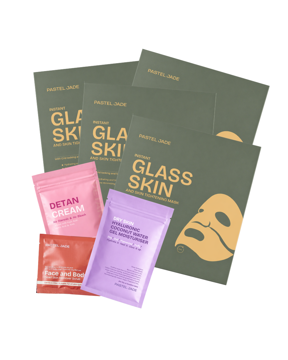 Bridal Kit Combo – 4 Glass Skin Mask,1  Detan Cream, 1 Hyaluronic Gel dry skin & 1 Face-Body Scrub